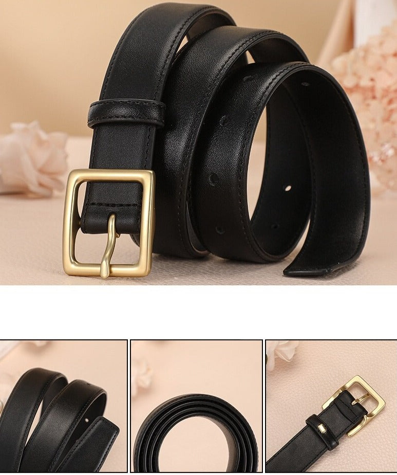 Cinto Renata em couro legítimo com fivela dourada em alloy. Sofisticado, durável e versátil, ideal para looks casuais ou formais com toque elegante.