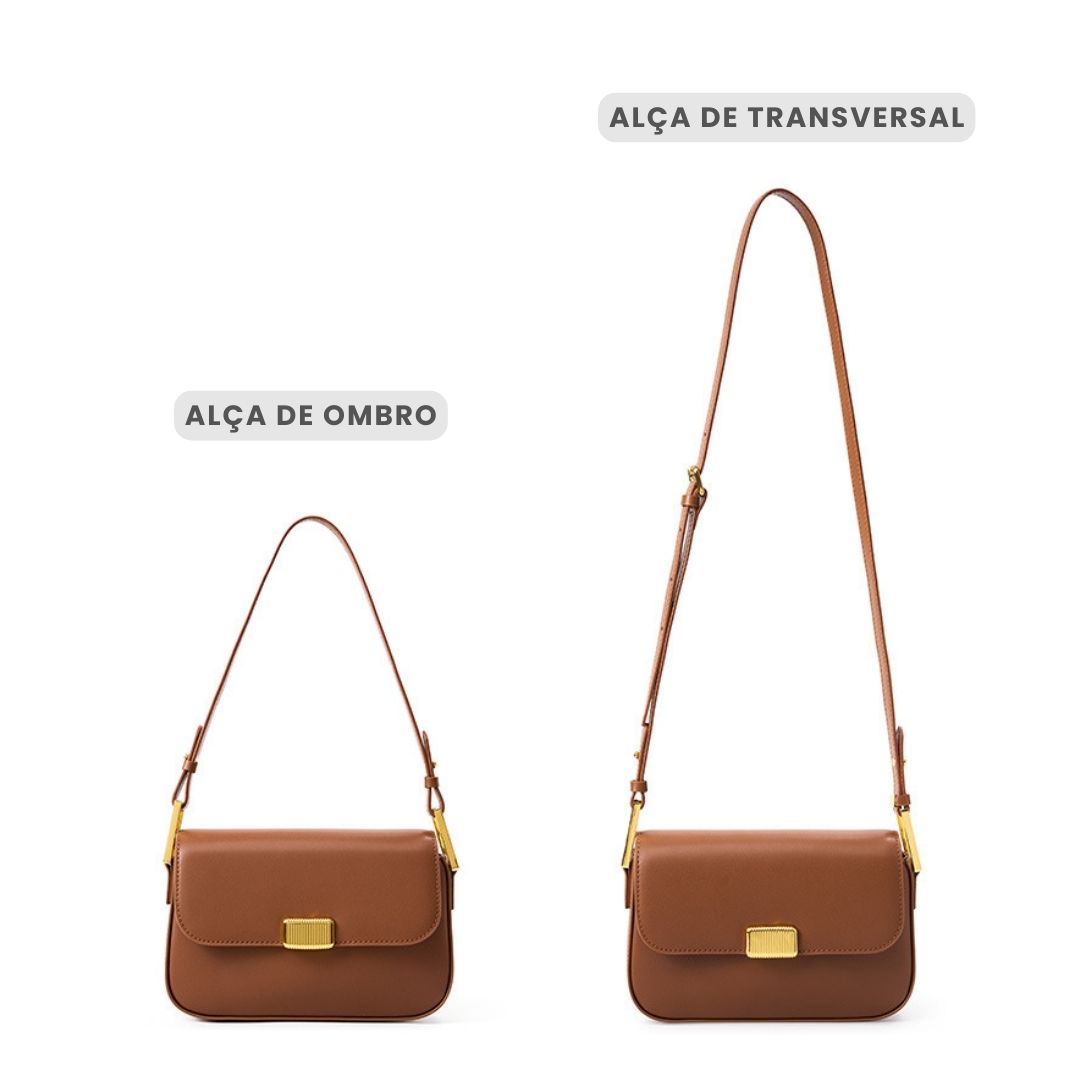 Bolsa Jack em couro legítimo, compacta e moderna. Modelo box bag com botão de encaixe e bolsos internos, une praticidade, estilo e organização no dia a dia.