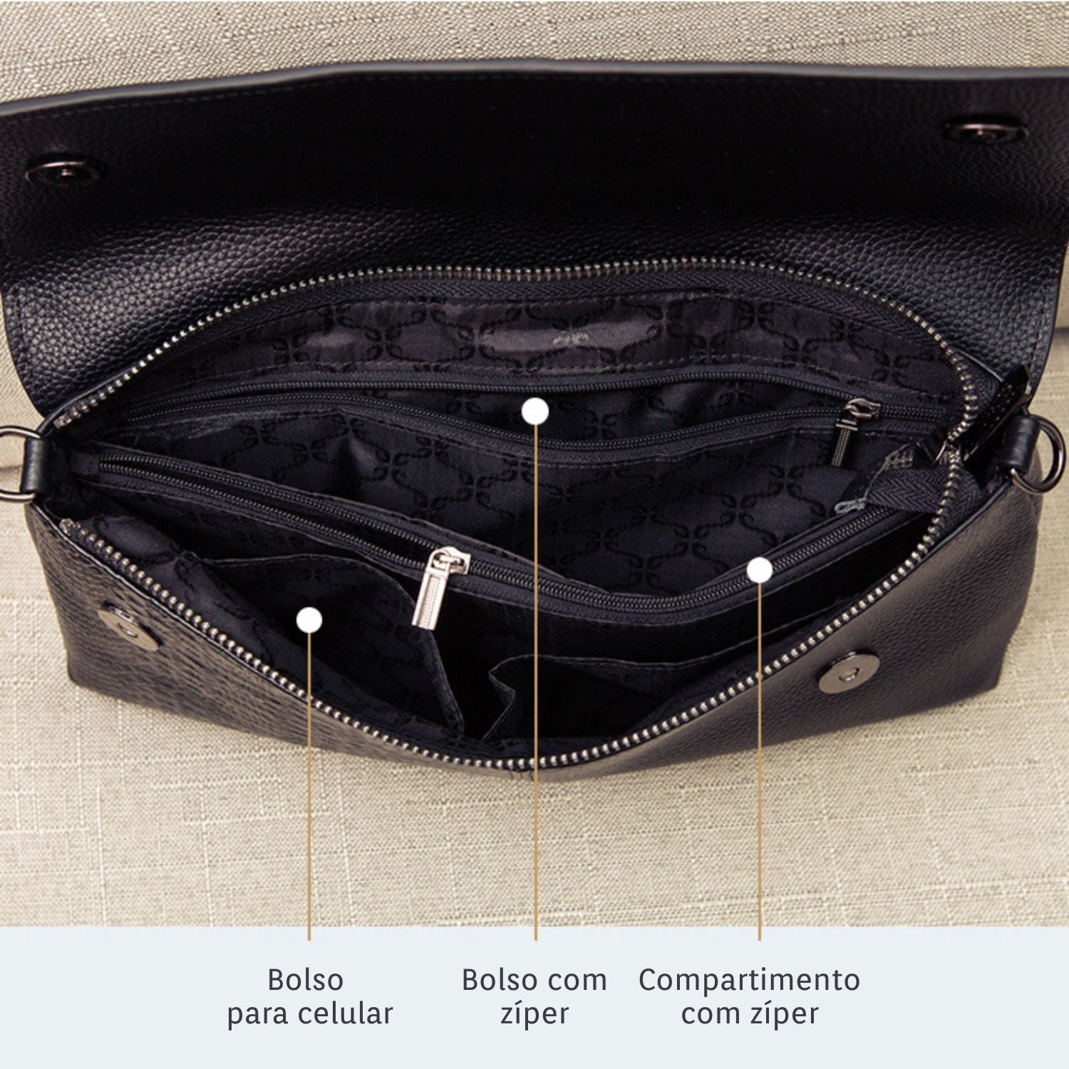 Bolsa Ísis em couro legítimo, elegante e funcional. Toque macio, design refinado e compartimentos internos ideais para organizar com estilo e praticidade.