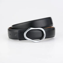 Cinto Eloá em couro legítimo com fivela metálica assimétrica. Sofisticado, durável e versátil, ideal para looks casuais ou formais com toque moderno.