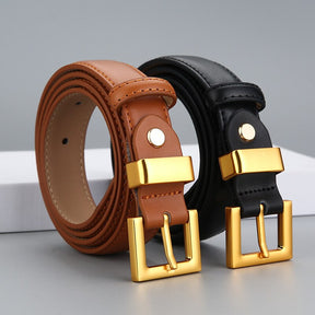 Cinto Ísis em couro legítimo com fivela dourada. Elegante, durável e versátil, ideal para looks casuais ou formais. Disponível em diversas cores.